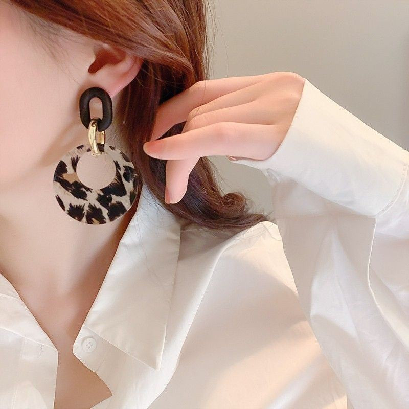 S925 Silver Leopard‑Print Hollow Circle Link Drop Earrings, Retro Contrast‑Color Dangle Earrings for Women