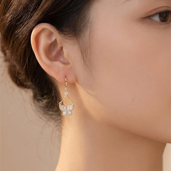 Gold Diamond Butterfly Long Drop Huggie Earrings, Luxury Dainty Chain Butterfly Earrings