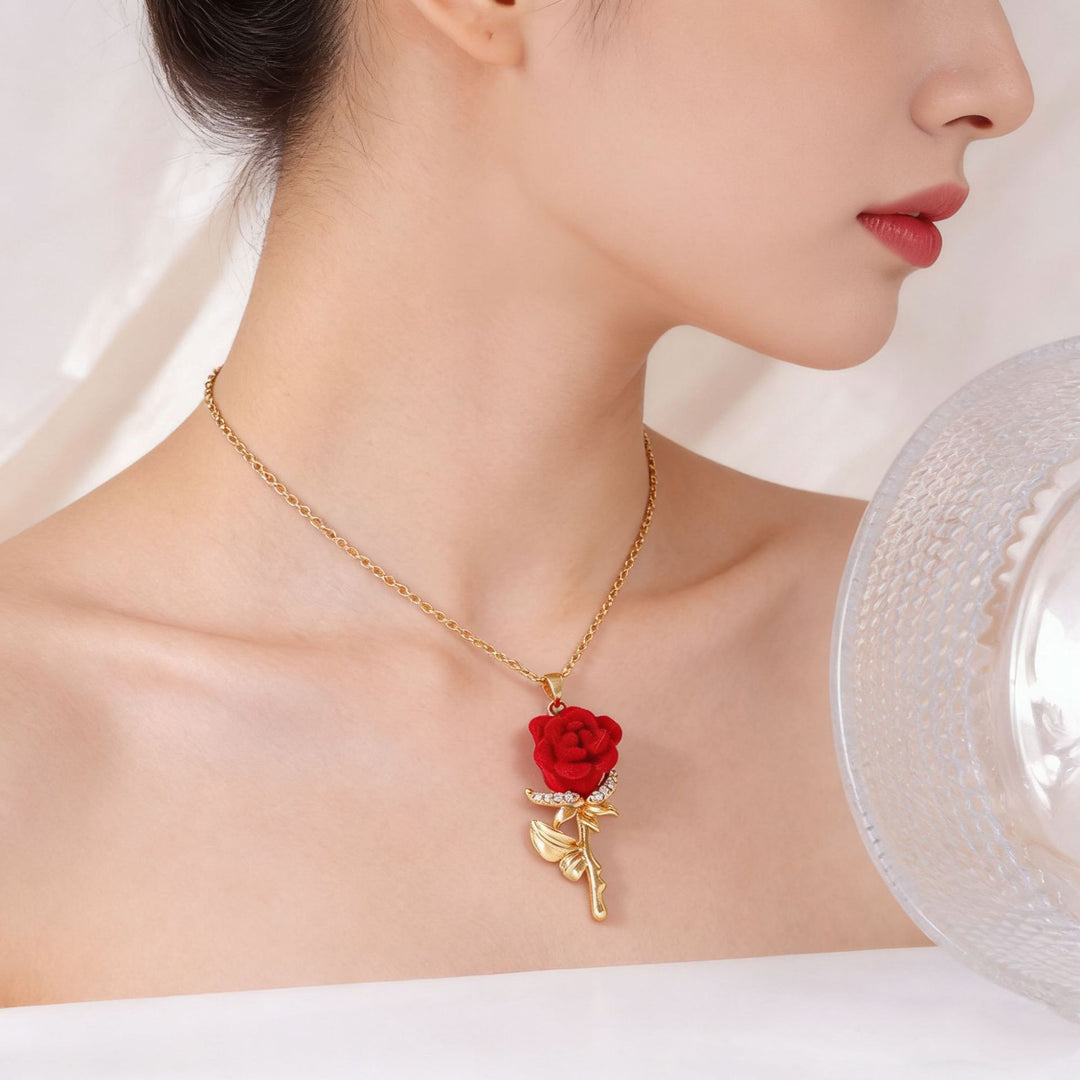 Velvet Red Rose Series Gold-Plated Collarbone Necklaces, 4 Styles Vintage Romantic Rose Pendant Thin Chains, Valentine’s Day Gift Jewelry