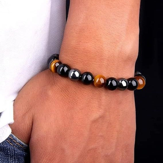 Obsidian Tiger's Eye Hematite Mixed Bead Bracelet, Men Multi‑Gemstone Single Strand Round Bead Bracelet, Unisex Vintage Jewelry
