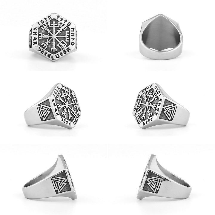 Titanium Steel Norse Rune Compass Ring (Viking Mythology Retro Style)