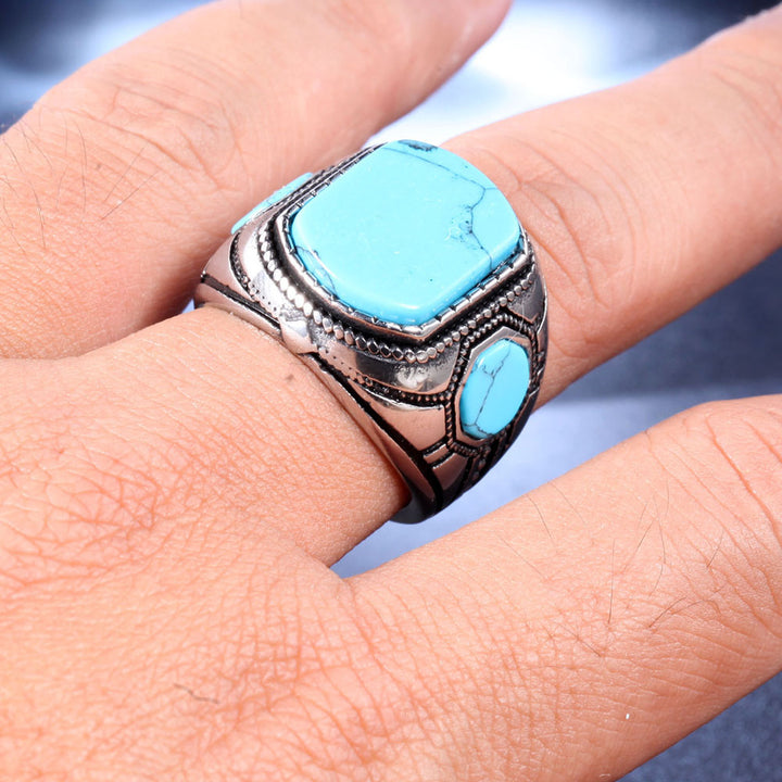 Turquoise Pattern Men's 925 Sterling Silver Ring - Hip Hop Retro Royal Style
