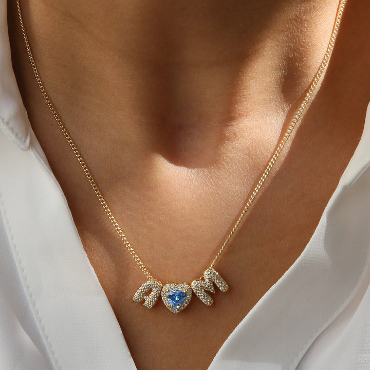 Heart-Shaped 12-Month Birthstone & Letter Pendant - Custom Name Love Necklace