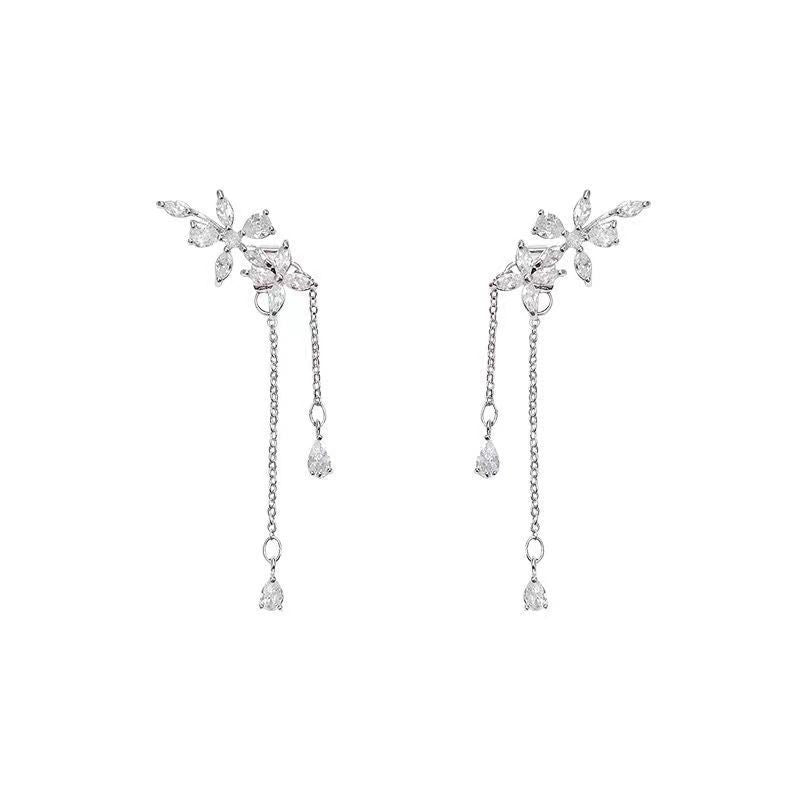 Branch Teardrop Diamond Tassel S925 Silver Stud Earrings, Elegant Long Chain Water Drop Diamond Dangle Earrings
