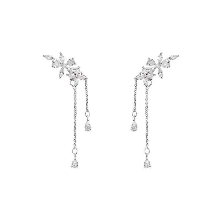 Branch Teardrop Diamond Tassel S925 Silver Stud Earrings, Elegant Long Chain Water Drop Diamond Dangle Earrings