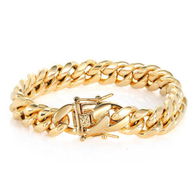 Wide Cuban Titanium Steel Bracelet, Gold Thick Chain Engraved Clasp Hip-Hop Tarnish Resistant Stylish Wristband