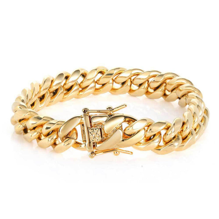 Wide Cuban Titanium Steel Bracelet, Gold Thick Chain Engraved Clasp Hip-Hop Tarnish Resistant Stylish Wristband