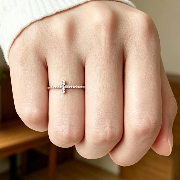 Side Paved Diamond Cross S925 Silver Thin Ring, Minimalist Diamond Band Available in 3 Tones