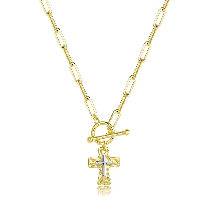 Cross Pendant Paperclip Chain Necklace – Luxury Faith-Inspired Two-Tone Jewelry