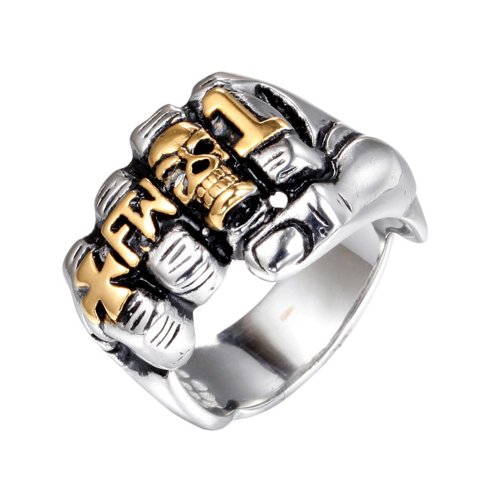 Vintage Sculpted Fist Ring, S925 Silver Antiqued Punk Skull Gesture Statement Band For Men
