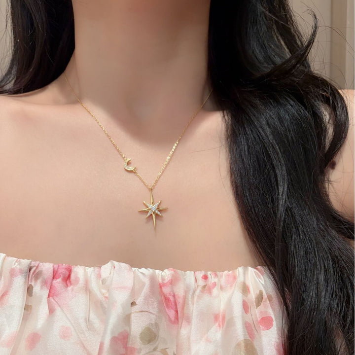 8-Point Star & Crescent Moon Dual Pendant Necklace, Gold Silver Two-Tone Luxury Women Choker