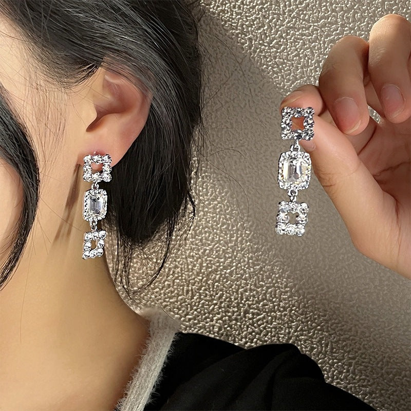 Vintage Stacked Square Diamond Long S925 Silver Dangle Earrings, Gorgeous Palace Style Square Diamond Drop Earrings