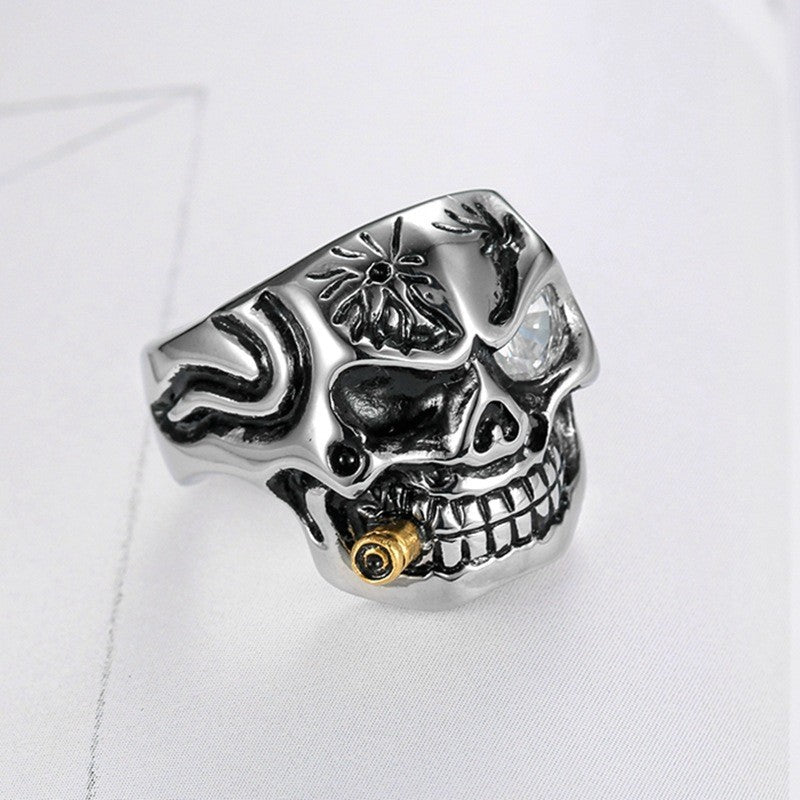 One-Eyed Gem Bullet Skull Ring, S925 Silver Antiqued Biker Statement Band For Men