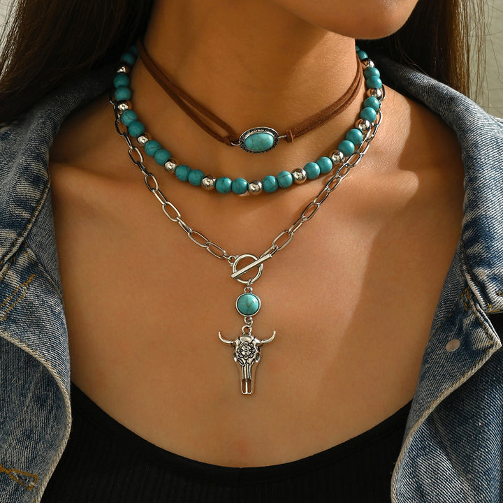 Western Multi-Layer Turquoise Bull Skull Stacked Necklace, S925 Silver Vintage Cowboy Double-Layer Choker Set