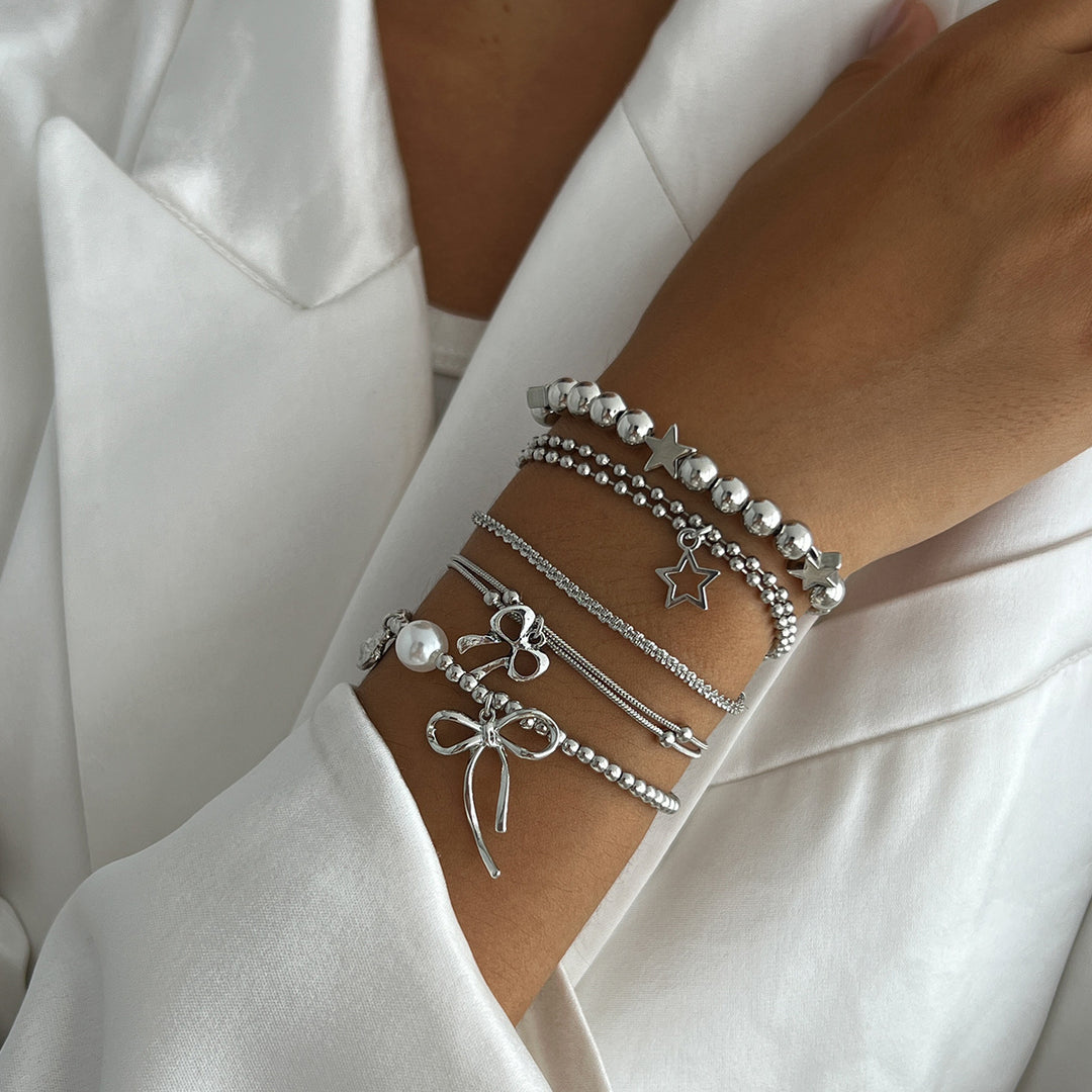Layered Style Bow Pendant Bracelet Set