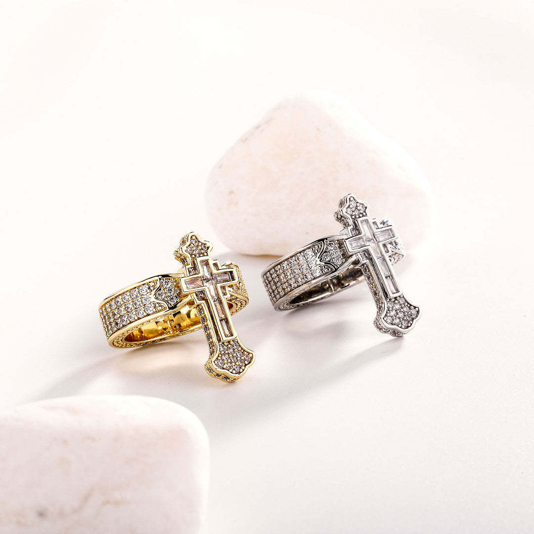 Hip-Hop Cross Micro-Paved Zircon Couple Ring