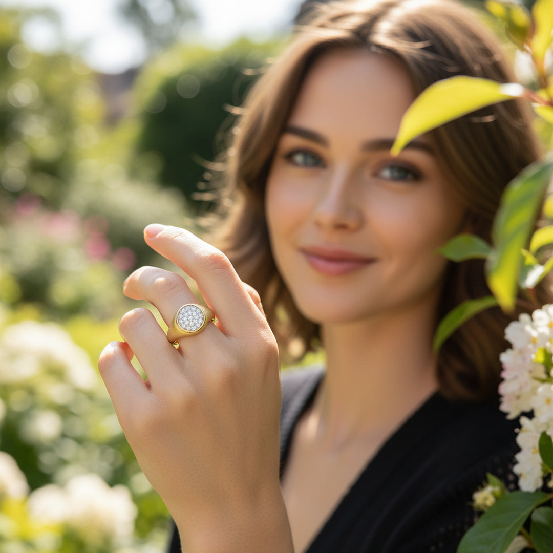 Pavé Diamond Signet S925 silver Ring, Heart/Hexagon/Oval/Teardrop Multiple Styles 18K Gold Plated Wide Band Unisex Statement Ring