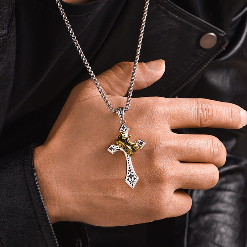 Golden Crown Cross Necklace – Men's Retro Thai-Silver Style Hip-Hop Pendant