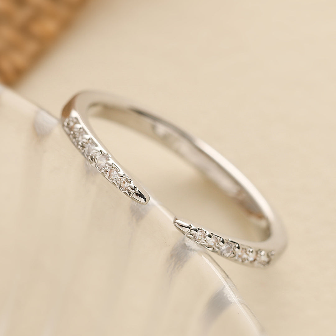 Dual Tip Paved Diamond Open Thin Ring, Minimal Micro-Paved Adjustable Geometric Line Band for Women