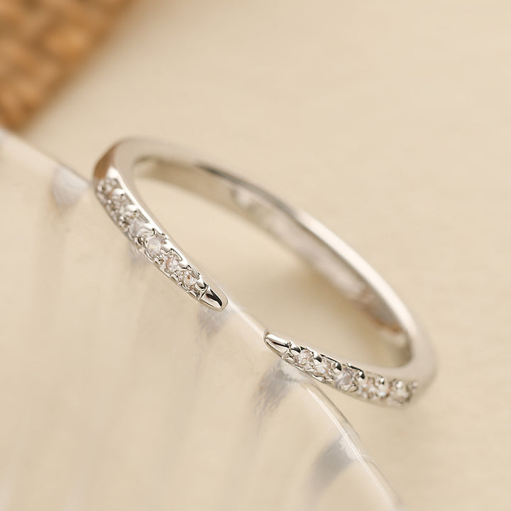 Dual Tip Paved Diamond Open Thin Ring, Minimal Micro-Paved Adjustable Geometric Line Band for Women