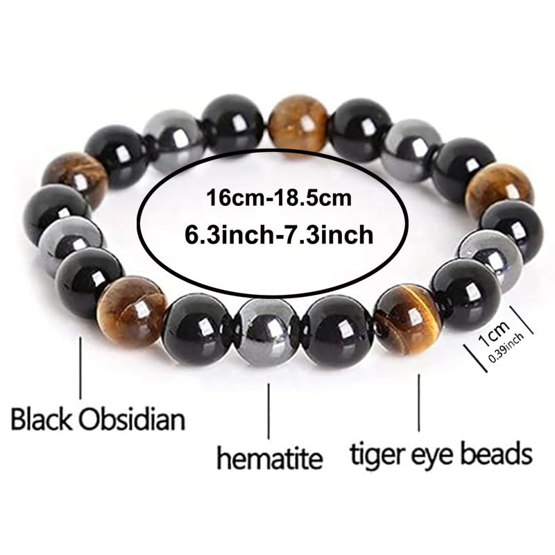 Obsidian Tiger's Eye Hematite Mixed Bead Bracelet, Men Multi‑Gemstone Single Strand Round Bead Bracelet, Unisex Vintage Jewelry