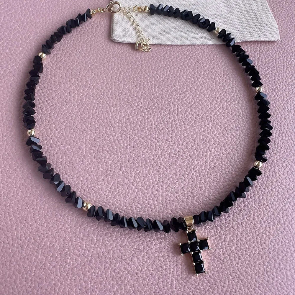 Faceted Diamond Cross & Heart Diamond Choker, Colorful Y2K Sweet Cool Collarbone Necklace