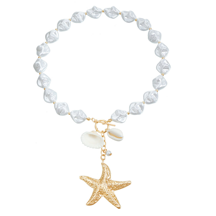 Vacation Style Baroque Pearl Starfish Choker, Large 3D Starfish & Shell Toggle Clasp Short Necklace for Women