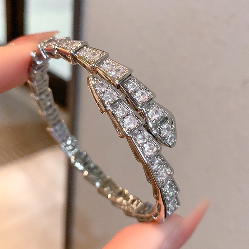 Segmented Snake Diamond Open Bangle, Gold Silver Rose Gold Paved Rhinestone Serpent Cuff Bracelet