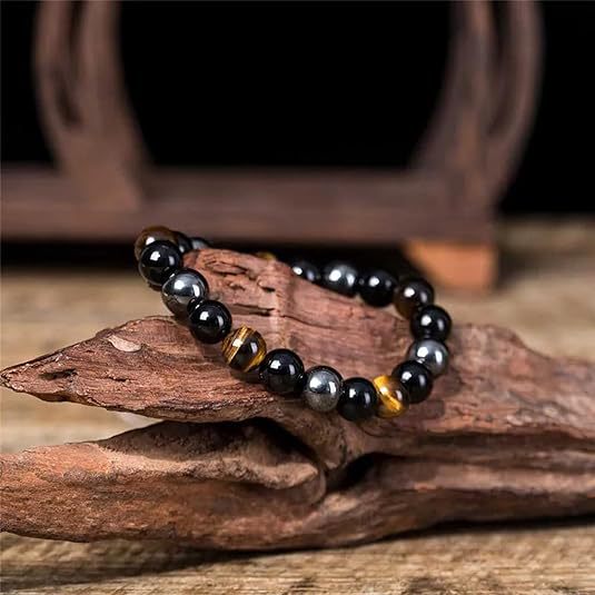 Obsidian Tiger's Eye Hematite Mixed Bead Bracelet, Men Multi‑Gemstone Single Strand Round Bead Bracelet, Unisex Vintage Jewelry