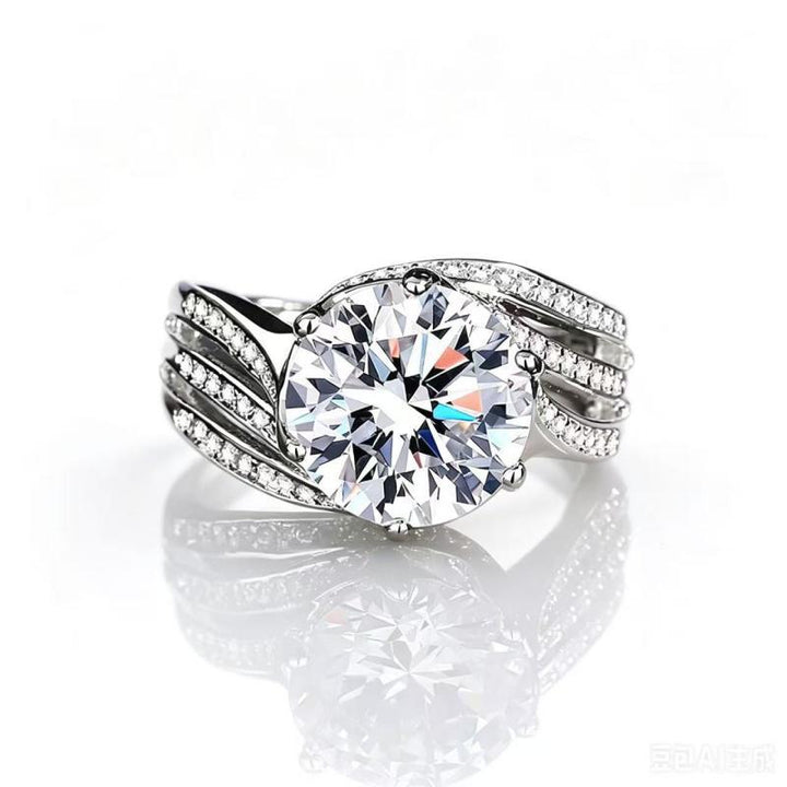 Six‑Prong Main Diamond Three‑Row Paved S925 Sterling Silver Ring, 3 Colors Available