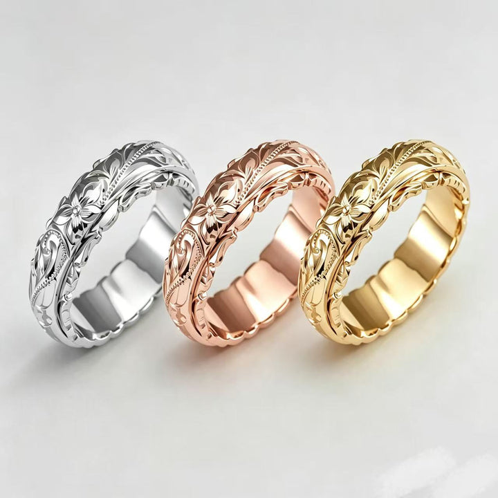 Hawaiian Vintage Hand-Engraved Floral Wide Ring, Gold Rose Gold Silver Retro Embossed Unisex Wedding Band