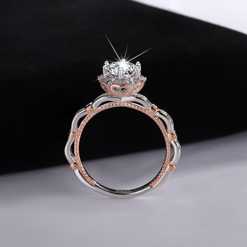 S925 Sterling Silver Diamond Dual-Tone Floral Engagement Ring