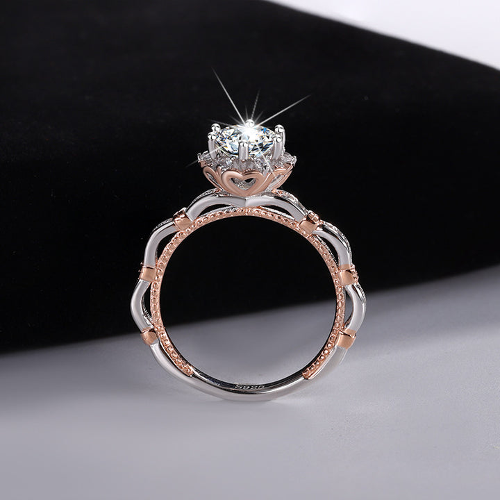 S925 Sterling Silver Diamond Dual-Tone Floral Engagement Ring