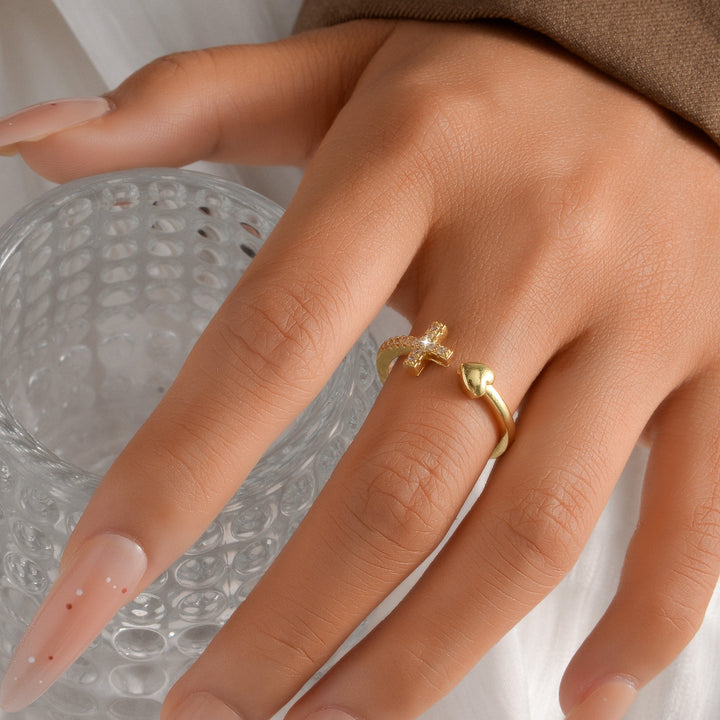 Jesus Cross Heart Open Ring for Women – Minimalist Diamond Faith Ring