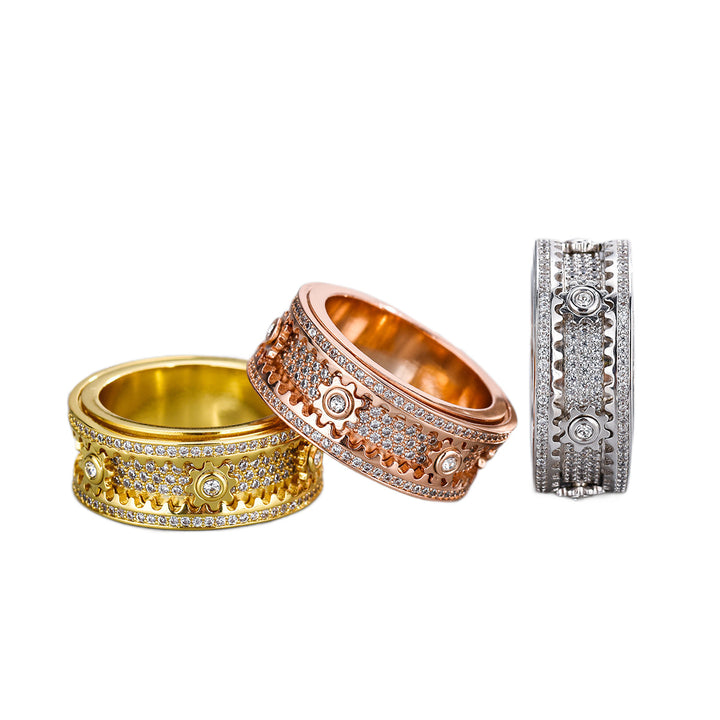 Sterling silver mechanical-style starry rotating gear ring