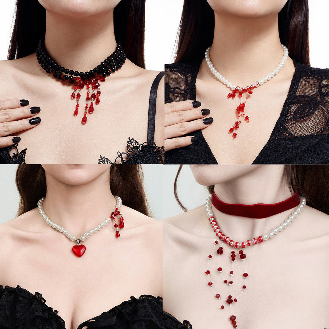 Gothic Pearl Necklace – Halloween Blood Drop Crystal Tassel Choker
