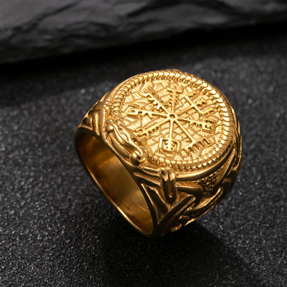 Titanium Steel Viking Compass Ring (Norse Mythology Retro Style)