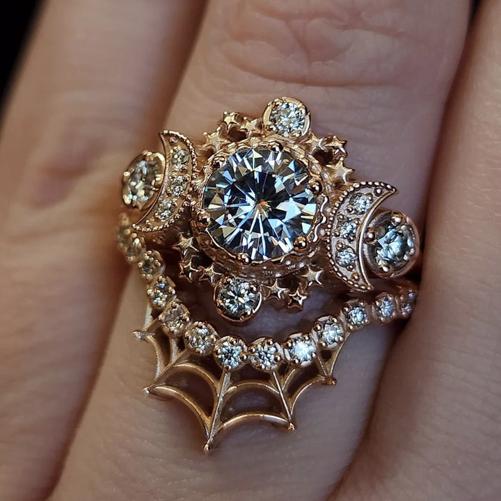 Vintage Gold‑Tone Ring Set With Star‑Moon & Spider‑Web Motif