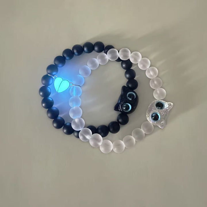 Luminous Heart Magnetic Cat Couple Bracelets, Black & White Matte Bead Matching Pair Bangle