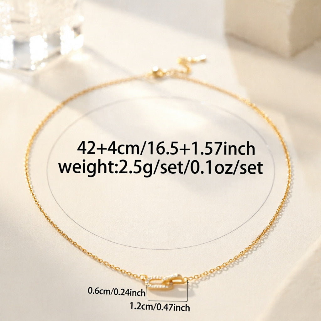 Interlocking Double Loop Rhinestone Necklace, S925 Sterling Silver Minimal Geometric Collarbone Chain, Gold & Silver Two-Tone Jewelry