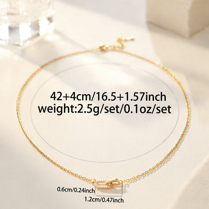 Interlocking Double Loop Rhinestone Necklace, S925 Sterling Silver Minimal Geometric Collarbone Chain, Gold & Silver Two-Tone Jewelry
