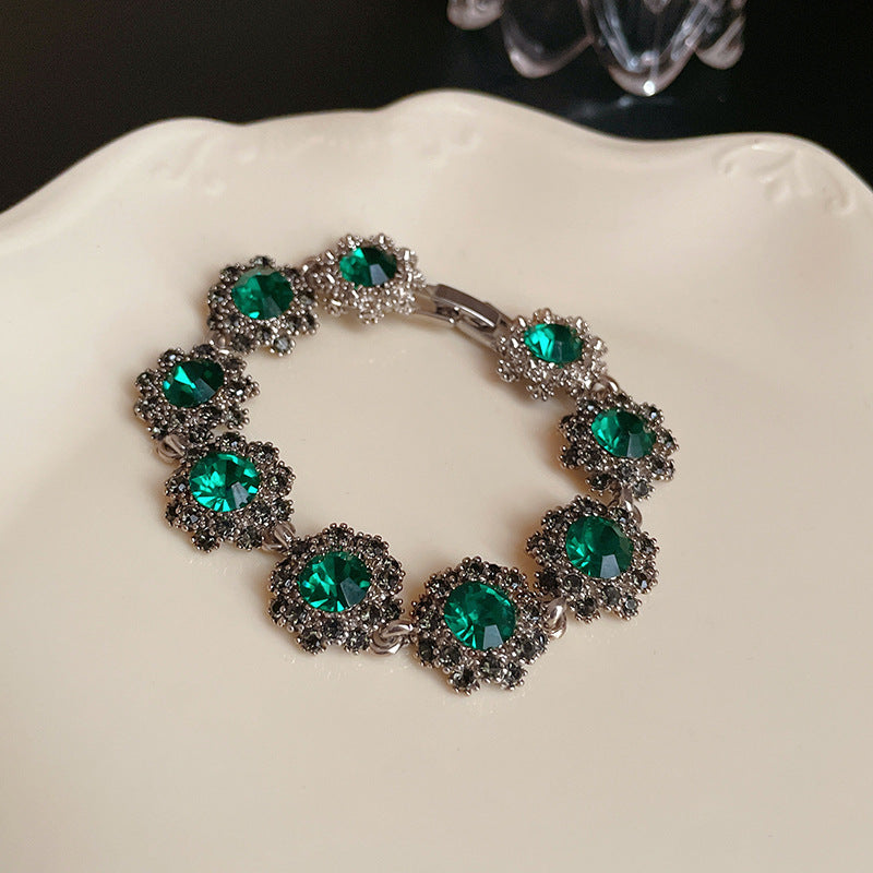 Vintage Emerald Pavé Sunflower Bracelet (Luxury Silver Tone Statement Bangle)