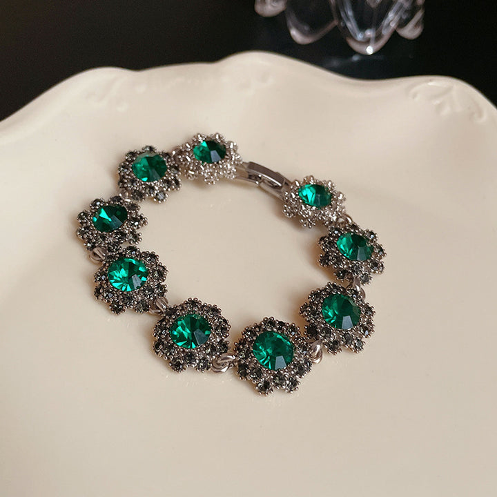 Vintage Emerald Pavé Sunflower Bracelet (Luxury Silver Tone Statement Bangle)