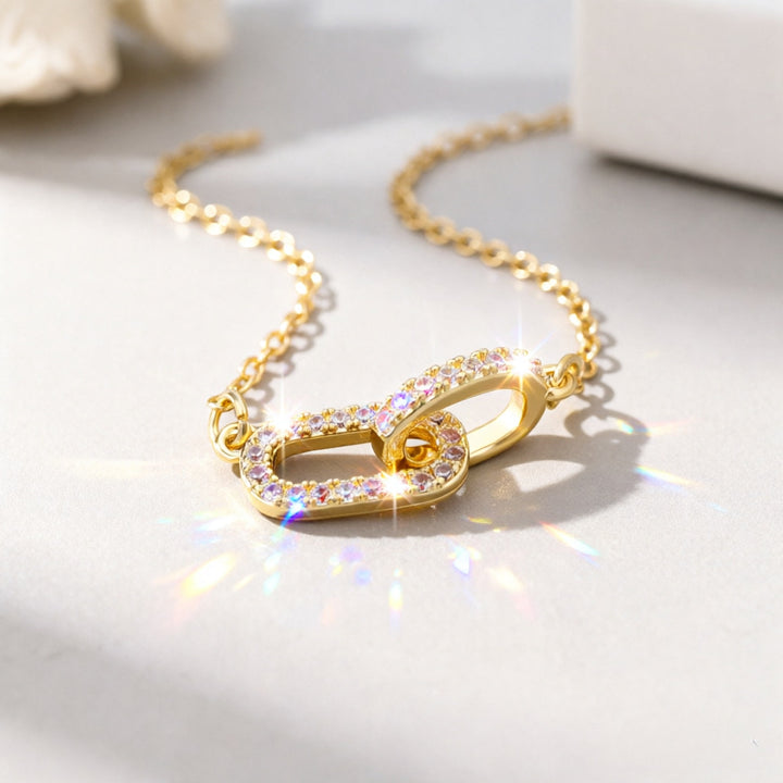 Interlocking Double Loop Rhinestone Necklace, S925 Sterling Silver Minimal Geometric Collarbone Chain, Gold & Silver Two-Tone Jewelry