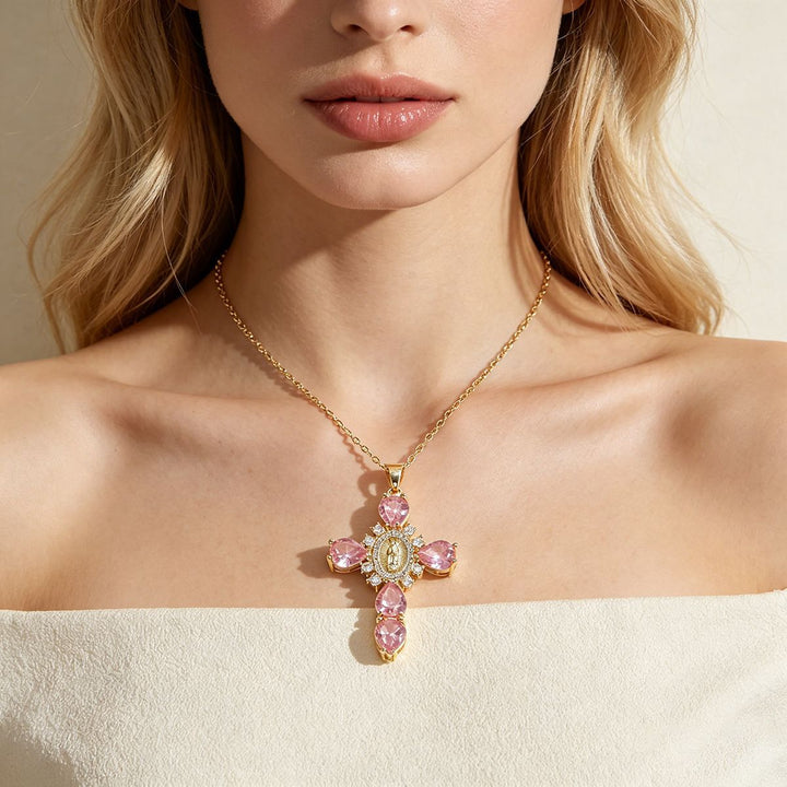 Virgin Mary Embossed Pink Teardrop Diamond Cross Necklace, S925 Sterling Silver Vintage Baroque Collarbone Chain, Gold & Silver Two-Tone Jewelry