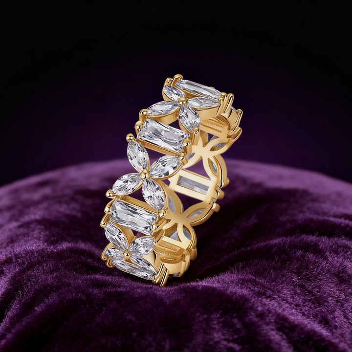 Marquise & Baguette Alternate Flower Full Eternity Ring, Open Clover Diamond Band Gold Silver Luxury Women Statement Jewelry