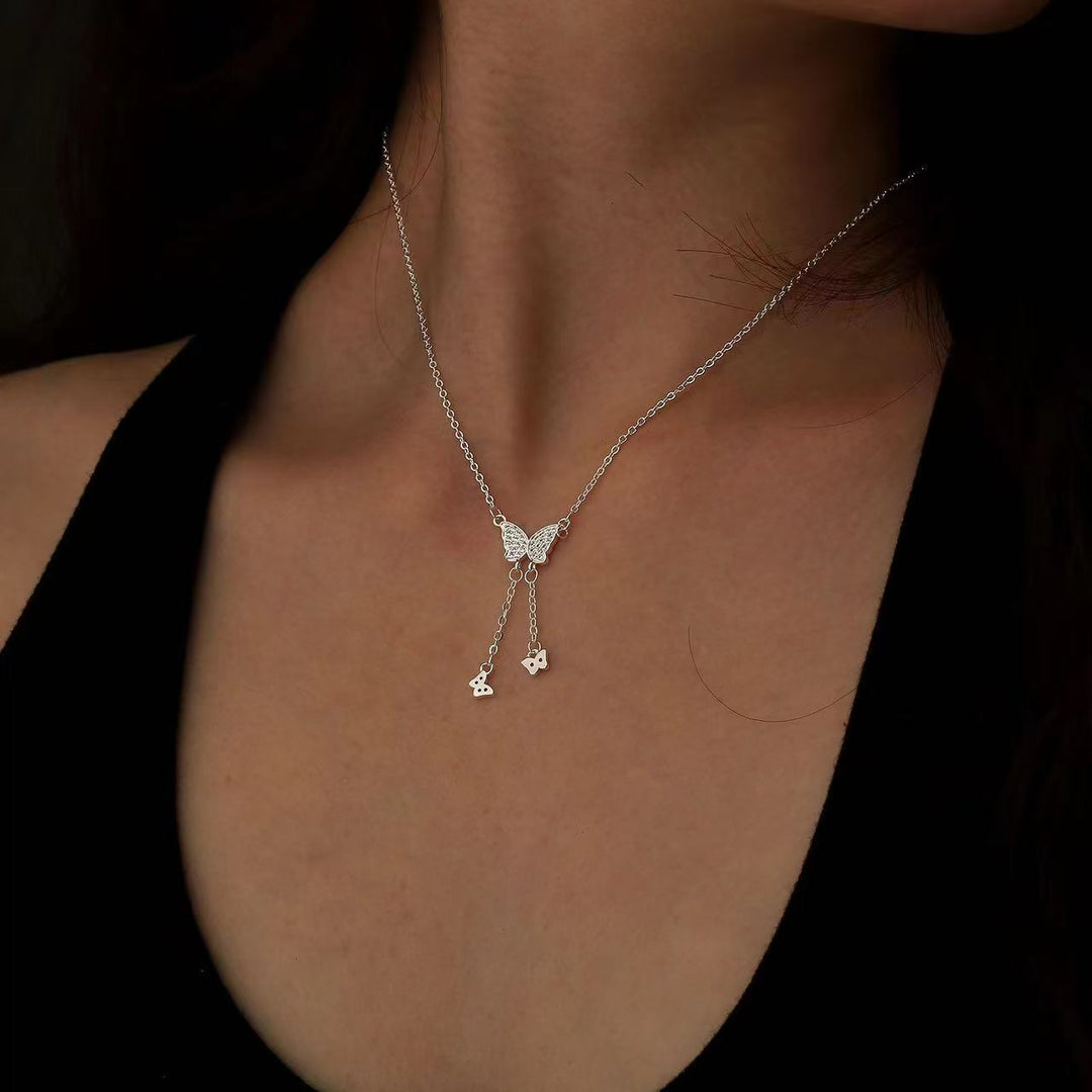 Pavé Triple Butterfly Tassel Necklace, Multi-Size Butterfly Drop Collarbone Chain, Gold & Silver Options