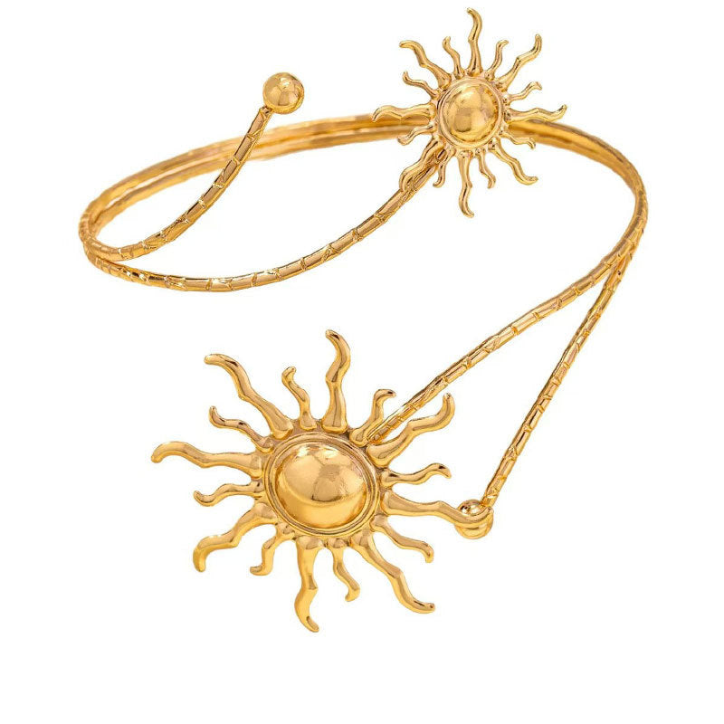 Vintage Dual Sun Pattern Adjustable Arm Cuff, Gold & Silver Bohemian Open Upper Arm Bracelet