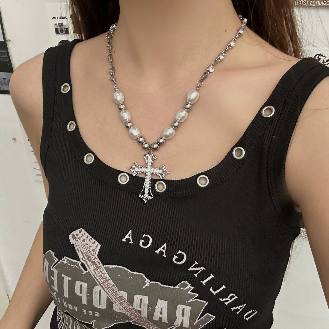 Baroque Pearl & Pavé Cross Necklace (Goth Sweet & Edgy Choker)