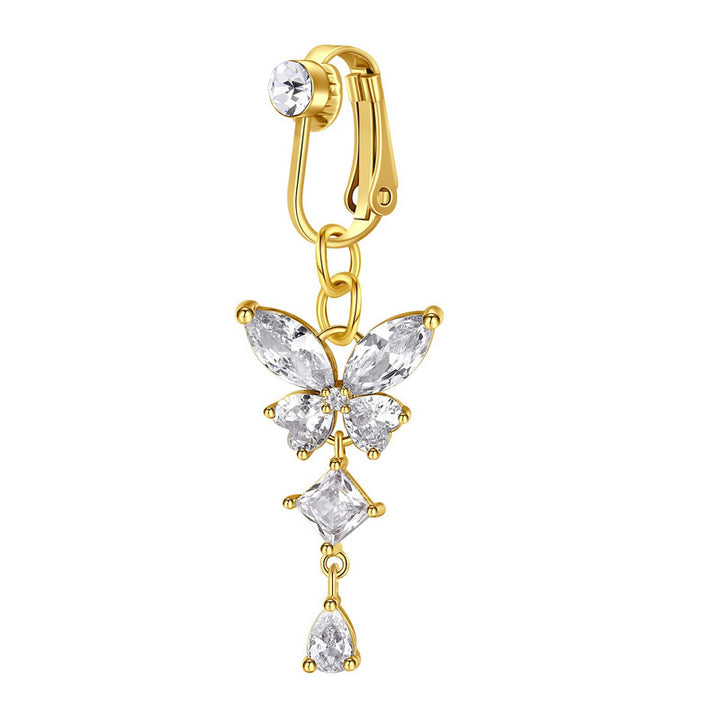 No-Piercing Clip-On Belly Ring, Gold & Silver Butterfly Heart Dangle Non-Pierced Navel Jewelry